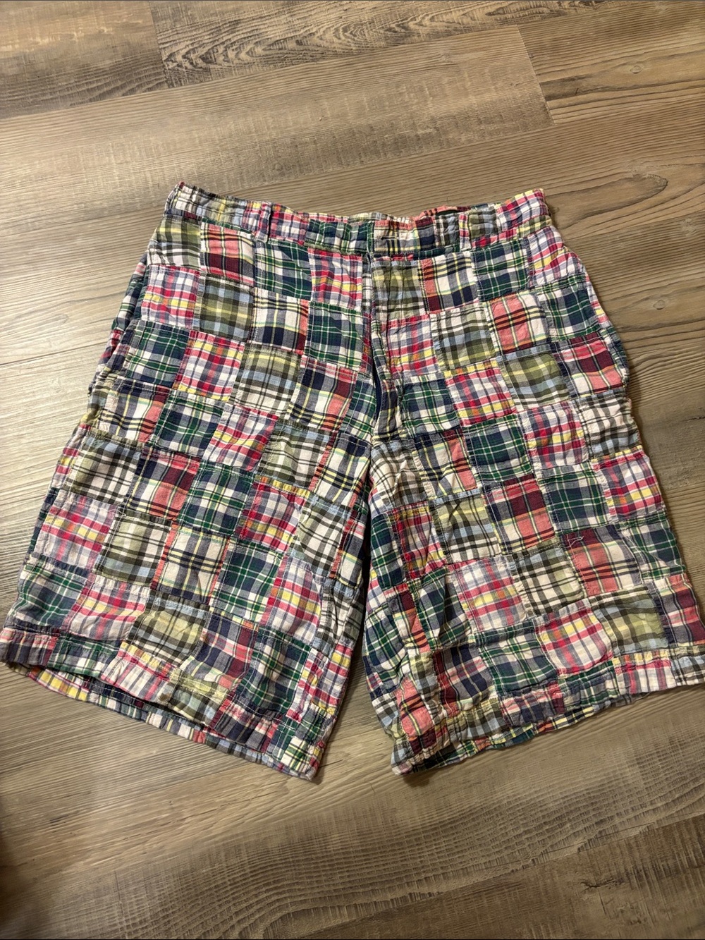 Vintage JCrew madras plaid patchwork shorts, cotton, colorful, size 30